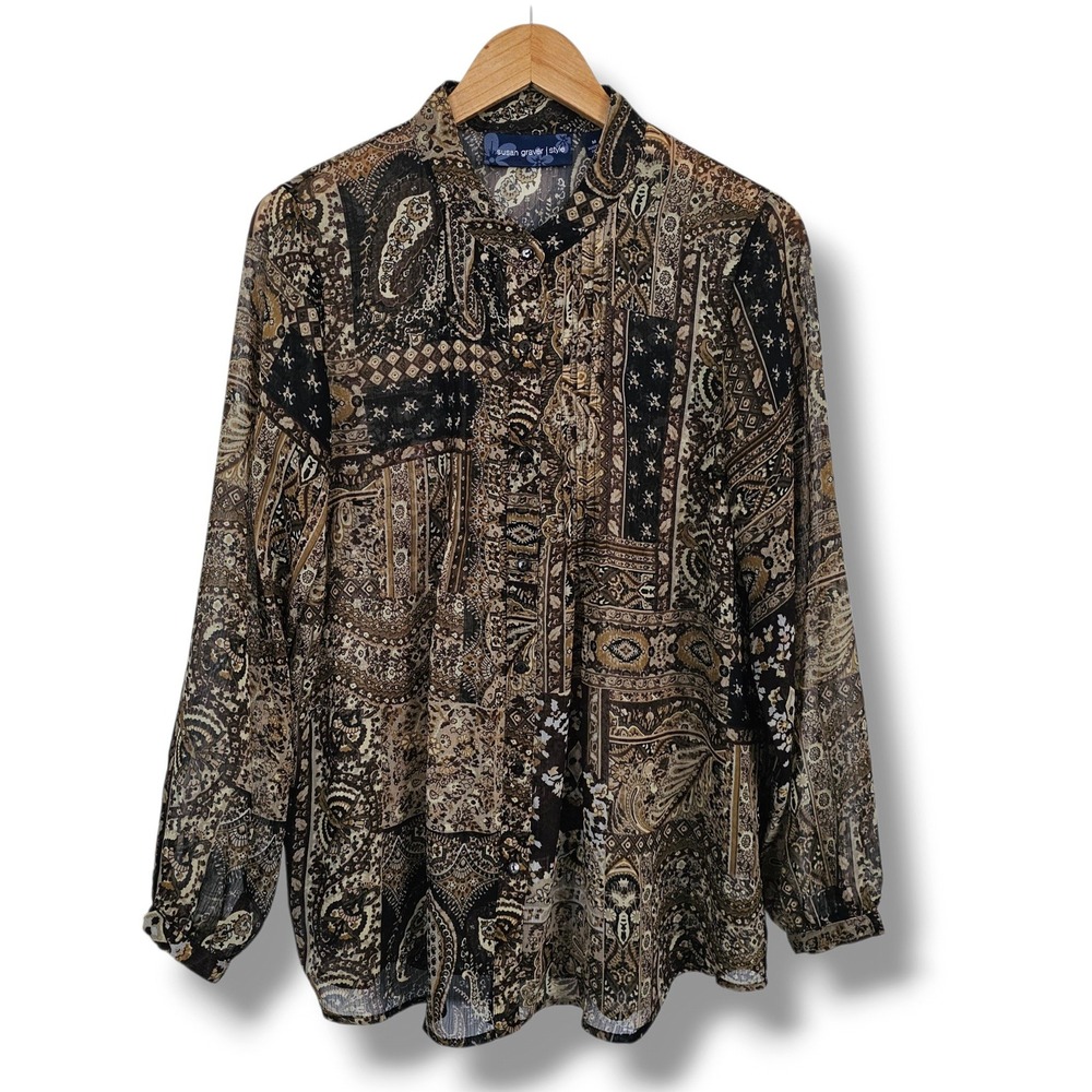 Susan Graver Button Up Top M Womens Brown Paisley Patchwork Sheer Pleated Boho